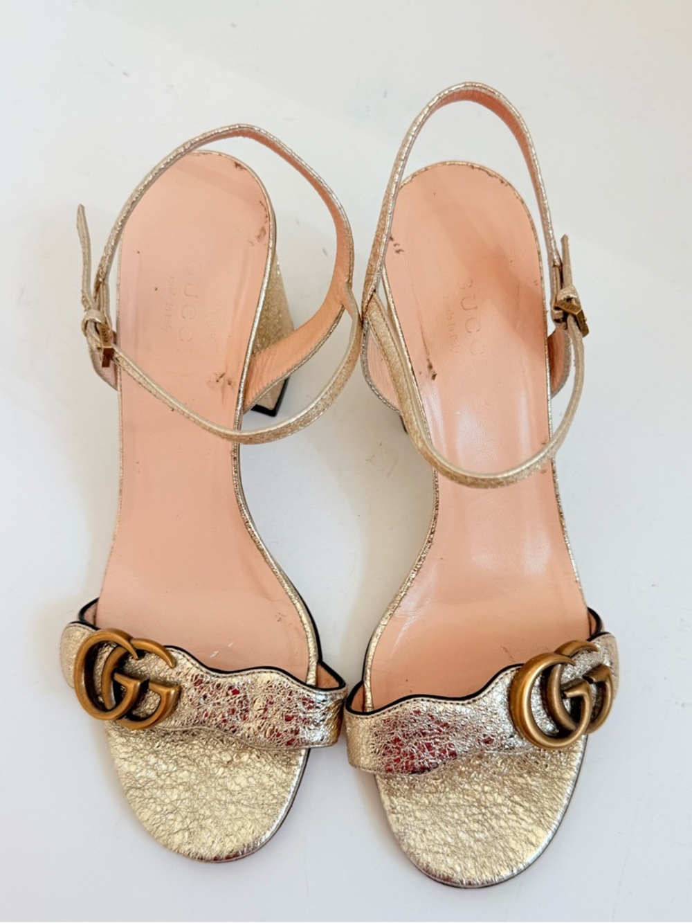 Gucci Metallic Gold Laminate leather GG Marmont Mid heel sandals EU 37.5 US 7.5 - Picture 3 of 10